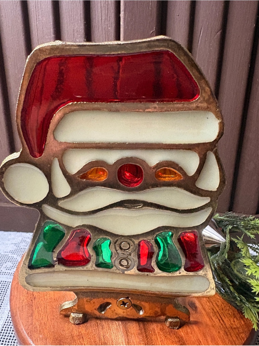 Vintage Xmas Taiwan Santa Stained Glass Style Cast Iron Candle Tea Light Holder